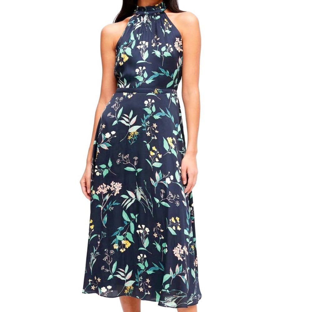 NWT, Banana Republic, soft satin floral midi-dress, blue, size 8